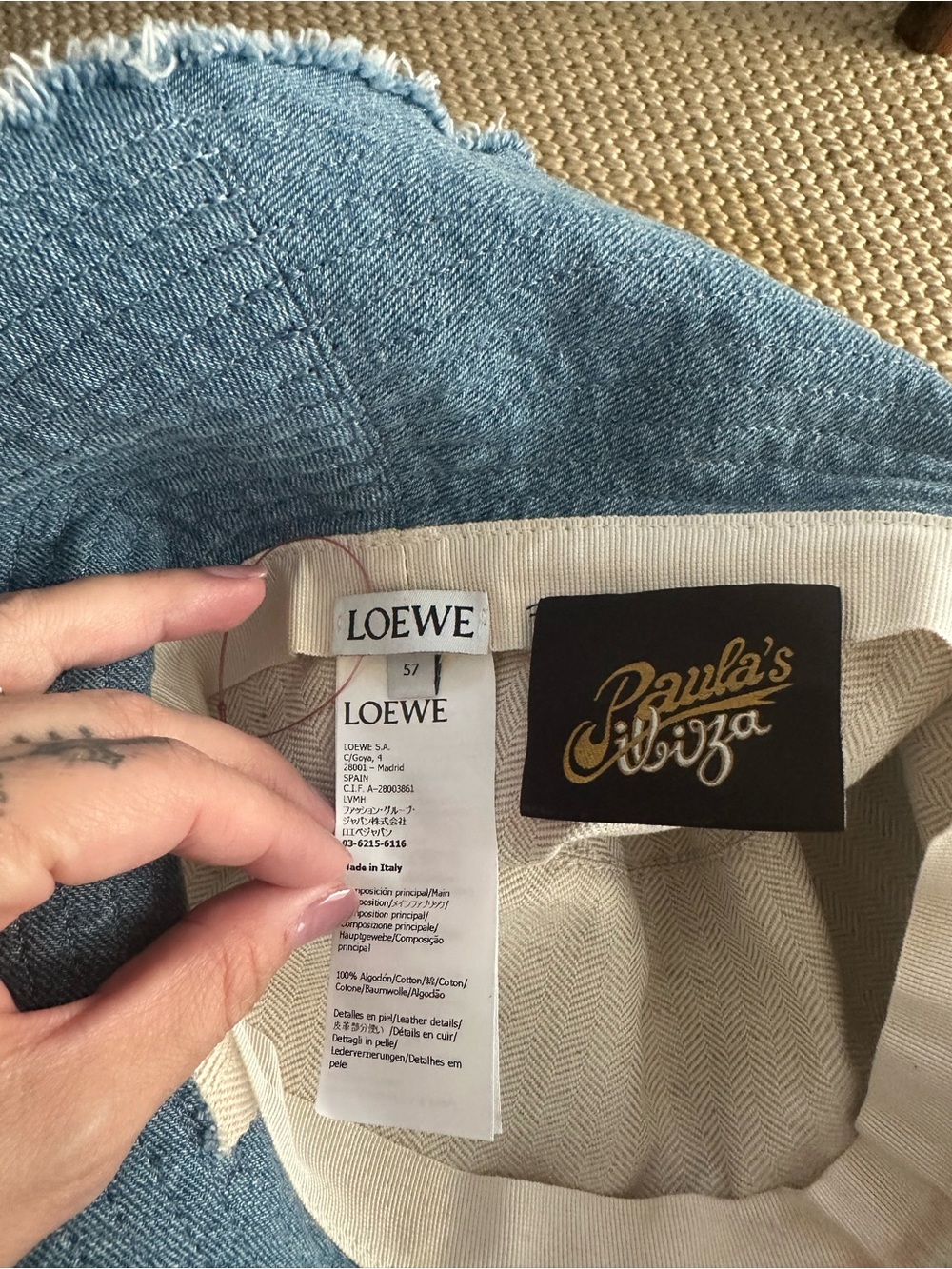 Loewe Light Blue Frayed Denim Bucket Hat with Branded Chin Straps - Picture 5 of 7